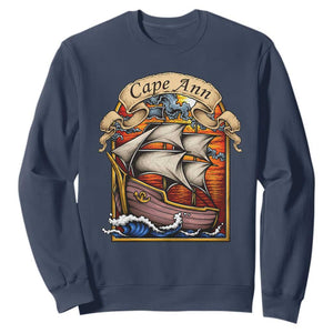 Cape Ann Vintage Nautical Sailing Ship Graphic Sweatshirt Retro Stained Glass Window Style Ocean Sunset Tall Ship TS02 Navy Print Your Wear