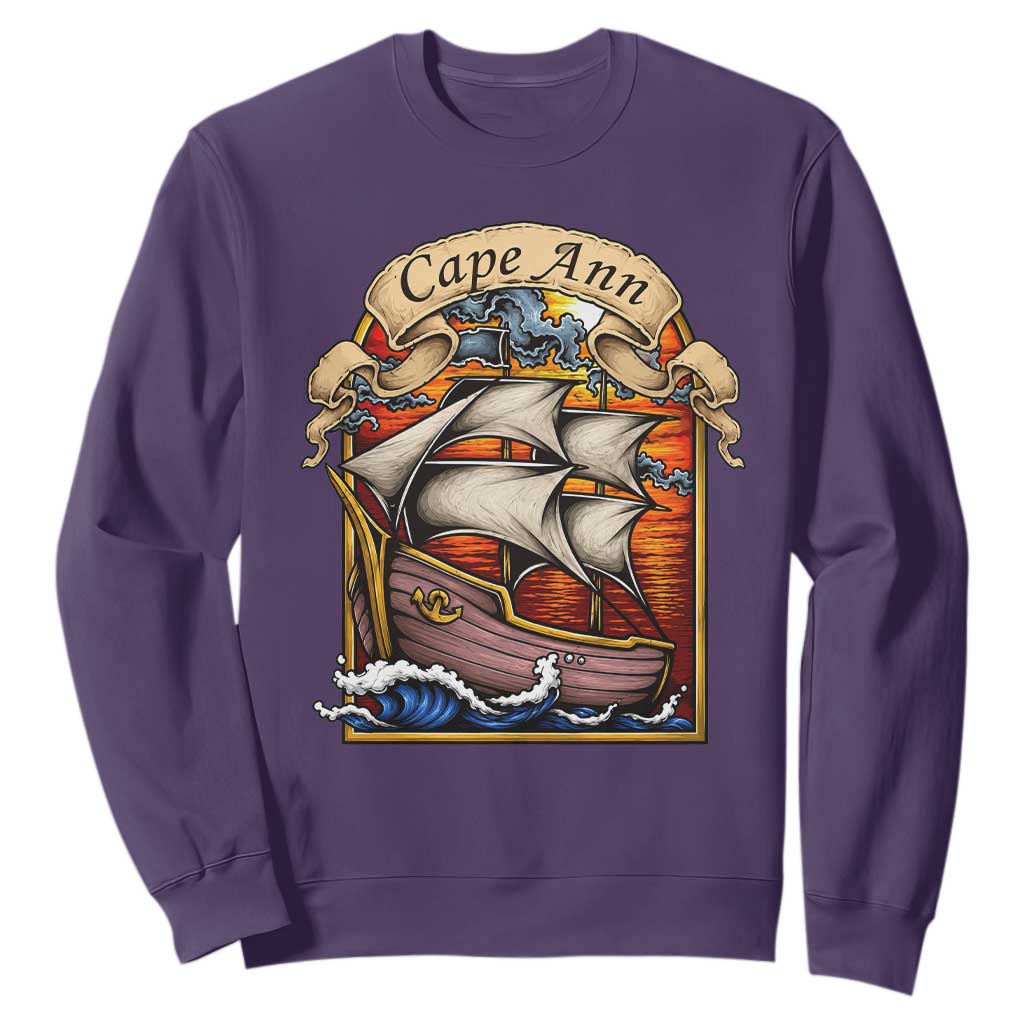 Cape Ann Vintage Nautical Sailing Ship Graphic Sweatshirt Retro Stained Glass Window Style Ocean Sunset Tall Ship TS02 Purple Print Your Wear