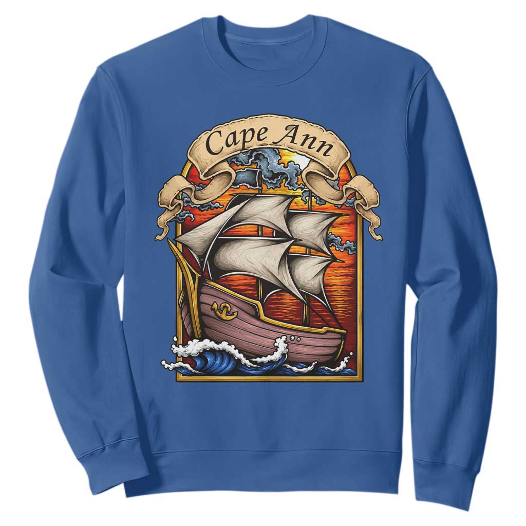 Cape Ann Vintage Nautical Sailing Ship Graphic Sweatshirt Retro Stained Glass Window Style Ocean Sunset Tall Ship TS02 Royal Blue Print Your Wear