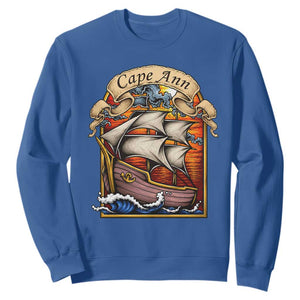 Cape Ann Vintage Nautical Sailing Ship Graphic Sweatshirt Retro Stained Glass Window Style Ocean Sunset Tall Ship TS02 Royal Blue Print Your Wear