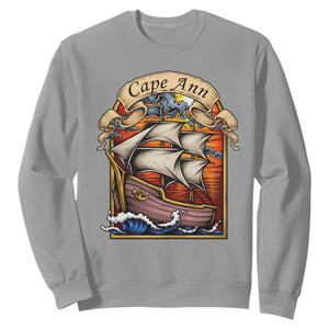 Cape Ann Vintage Nautical Sailing Ship Graphic Sweatshirt Retro Stained Glass Window Style Ocean Sunset Tall Ship TS02 Sport Gray Print Your Wear