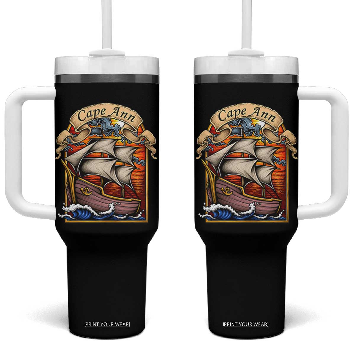 Cape Ann Vintage Nautical Sailing Ship Graphic Tumbler With Handle Retro Stained Glass Window Style Ocean Sunset Tall Ship TS02 One Size: 40 oz Black Print Your Wear