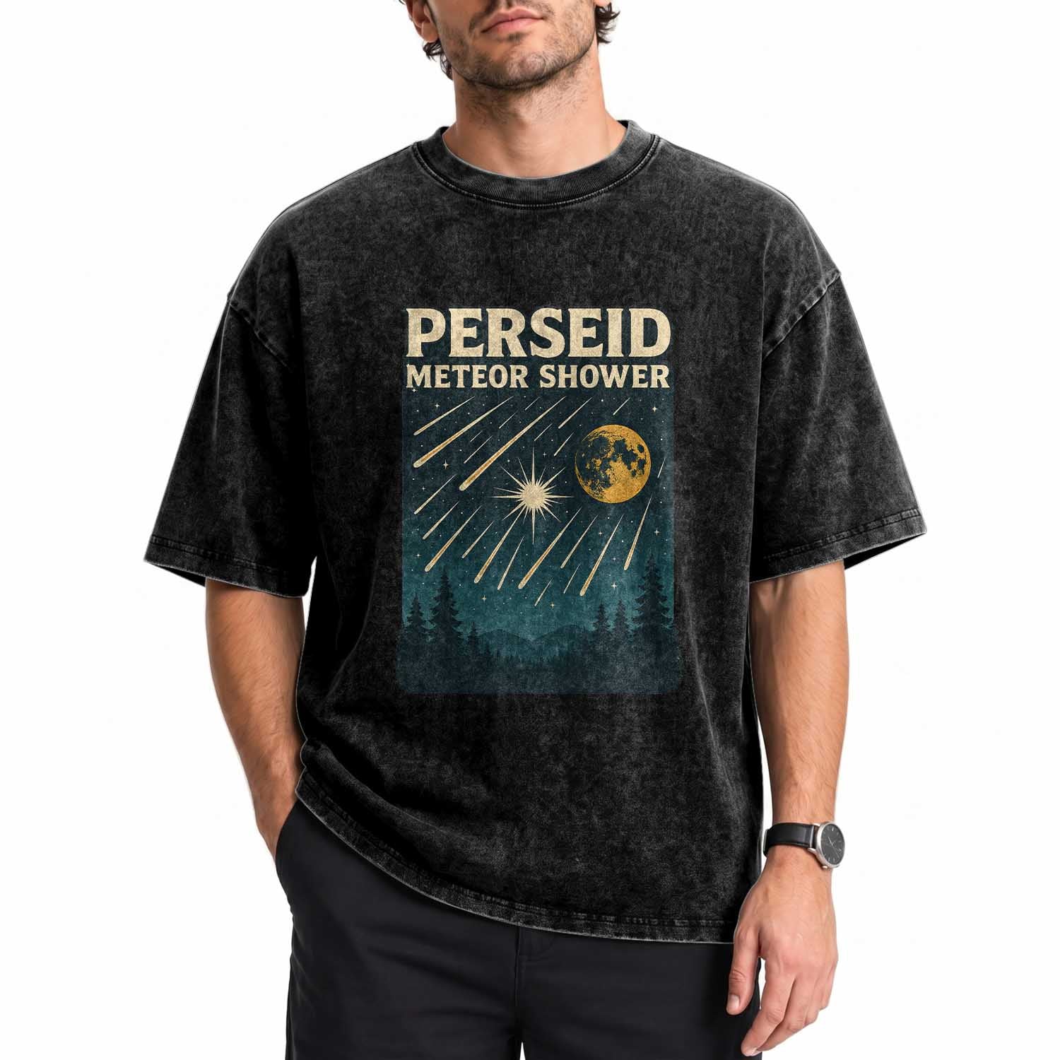 Vintage Perseid Meteor Shower Observer Washed Cotton T-Shirt Retro Celestial Stargazing Graphic TS02 Print Your Wear