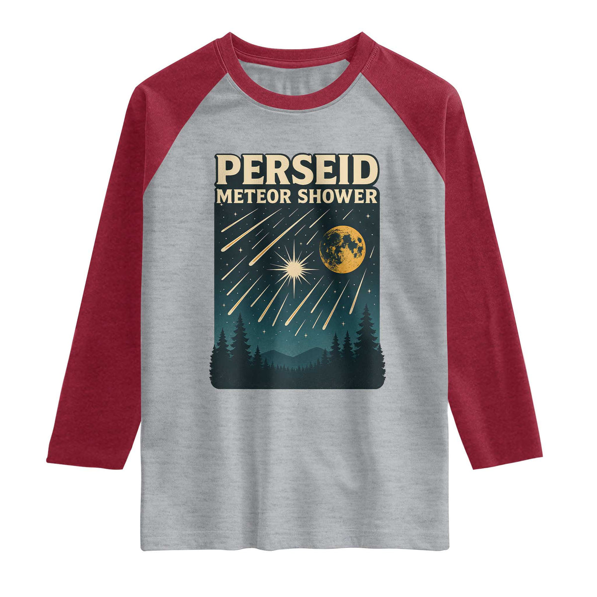Vintage Perseid Meteor Shower Observer Raglan Shirt Retro Celestial Stargazing Graphic TS02 Heather Gray Heather Red Print Your Wear