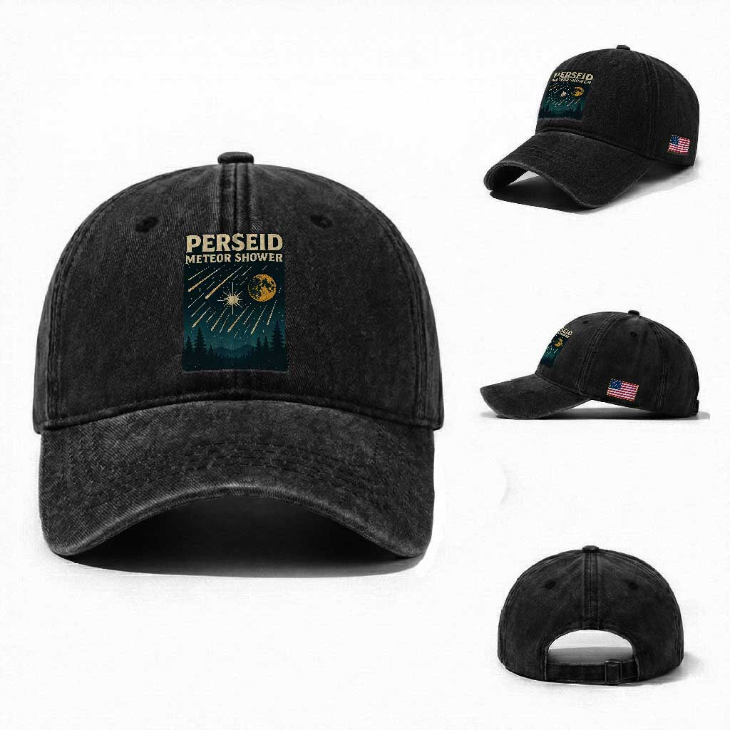 Vintage Perseid Meteor Shower Observer Washed Cotton Baseball Cap Retro Celestial Stargazing Graphic TS02 Washed Cap Universal Fit Black Print Your Wear