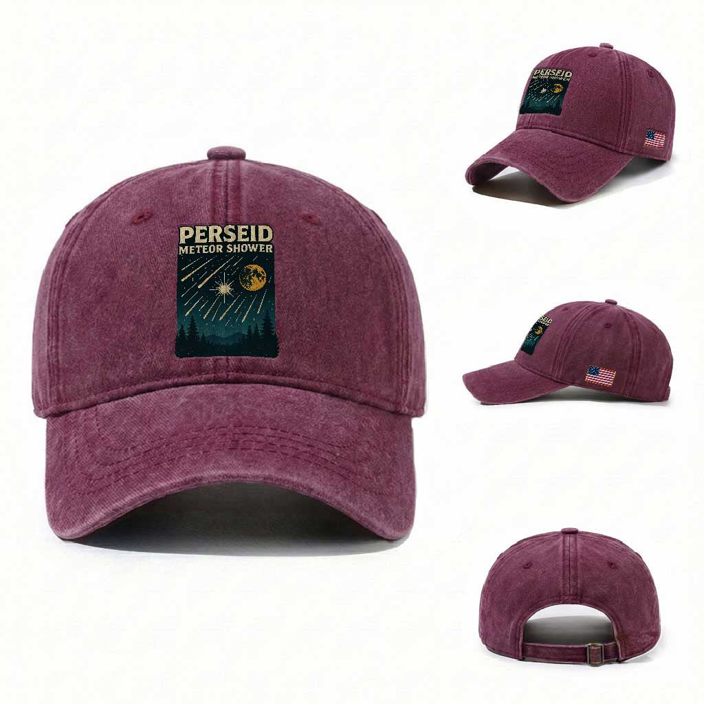 Vintage Perseid Meteor Shower Observer Washed Cotton Baseball Cap Retro Celestial Stargazing Graphic TS02 Washed Cap Universal Fit Burgundy Print Your Wear