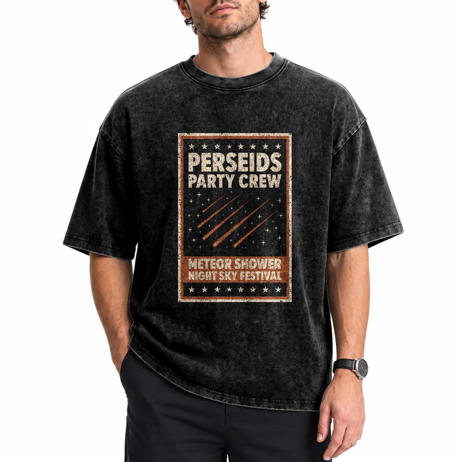 Vintage Perseids Party Crew August 2026 Washed Cotton T-Shirt Annual Night Sky Festival Graphic TS02 Print Your Wear