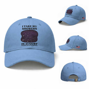 Funny Perseid Meteor Shower Stargazer Graphic Baseball Cap I Take My Showers In August TS02 Baseball Cap Universal Fit Light Blue Print Your Wear