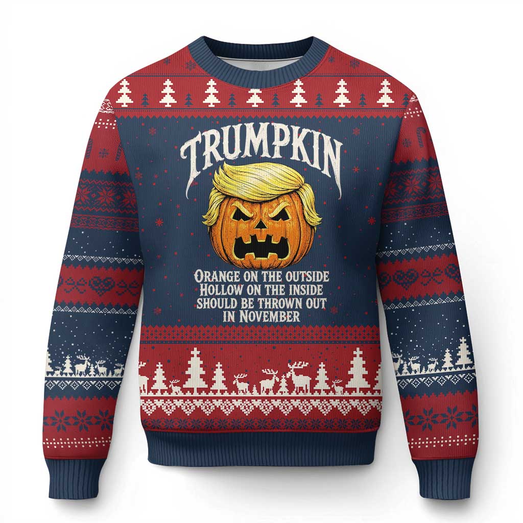 Trumpkin Orange Pumpkin On The Outside Hollow Inside Ugly Christmas Sweater Throw Out in November Sarcastic Halloween Satire