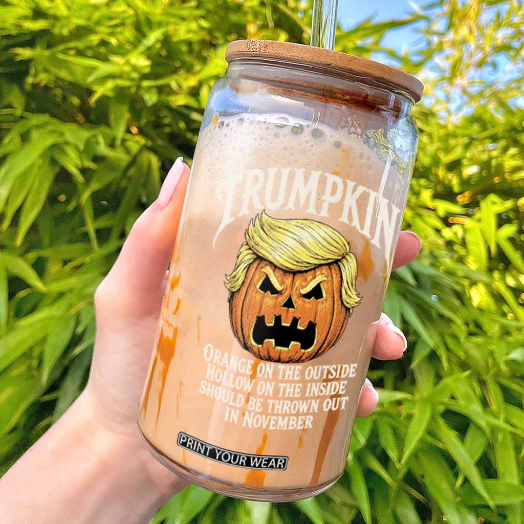 Trumpkin Orange Pumpkin On The Outside Hollow Inside Glass Can Throw Out in November Sarcastic Halloween Satire