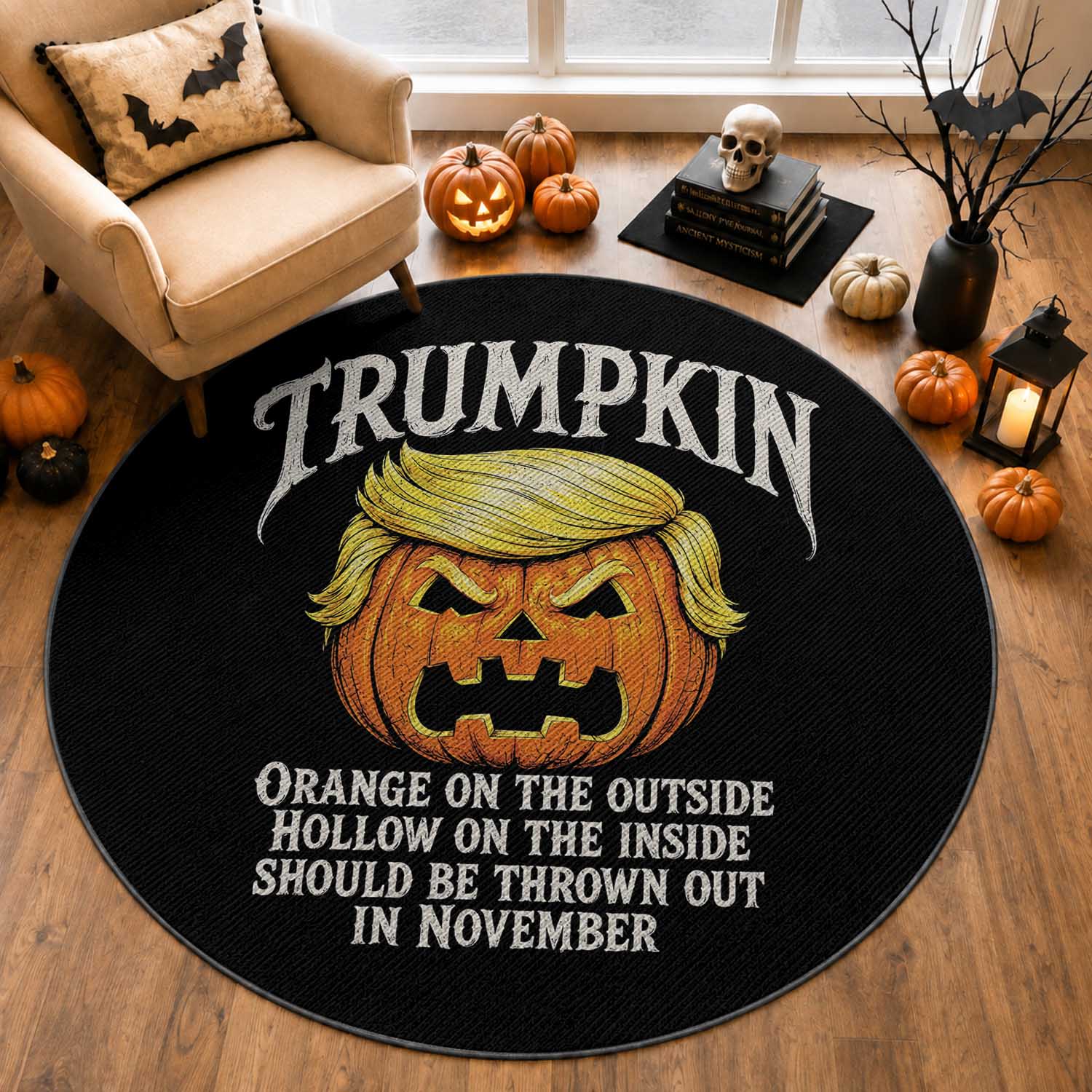 Trumpkin Orange Pumpkin On The Outside Hollow Inside Round Rug Throw Out in November Sarcastic Halloween Satire