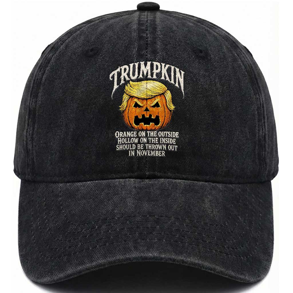 Trumpkin Orange Pumpkin On The Outside Hollow Inside Washed Cotton Baseball Cap Throw Out in November Sarcastic Halloween Satire