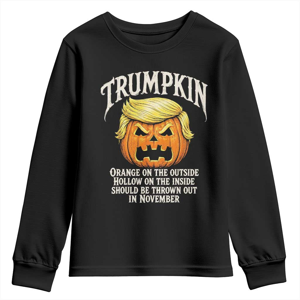 Trumpkin Orange Pumpkin On The Outside Hollow Inside Youth Sweatshirt Throw Out in November Sarcastic Halloween Satire