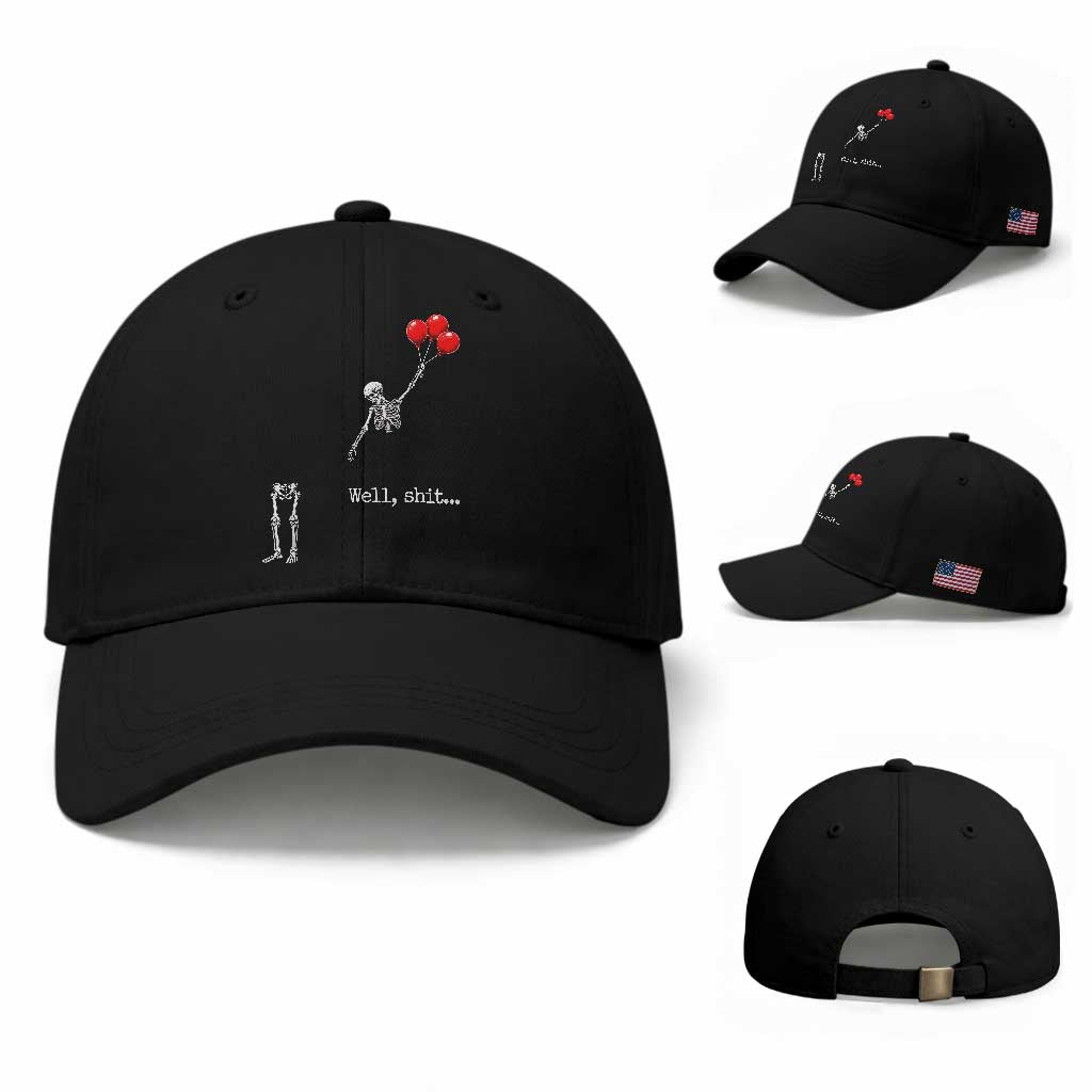 Well Shit Floating Skeleton Red Balloons Baseball Cap Funny Dark Humor Halloween Gift