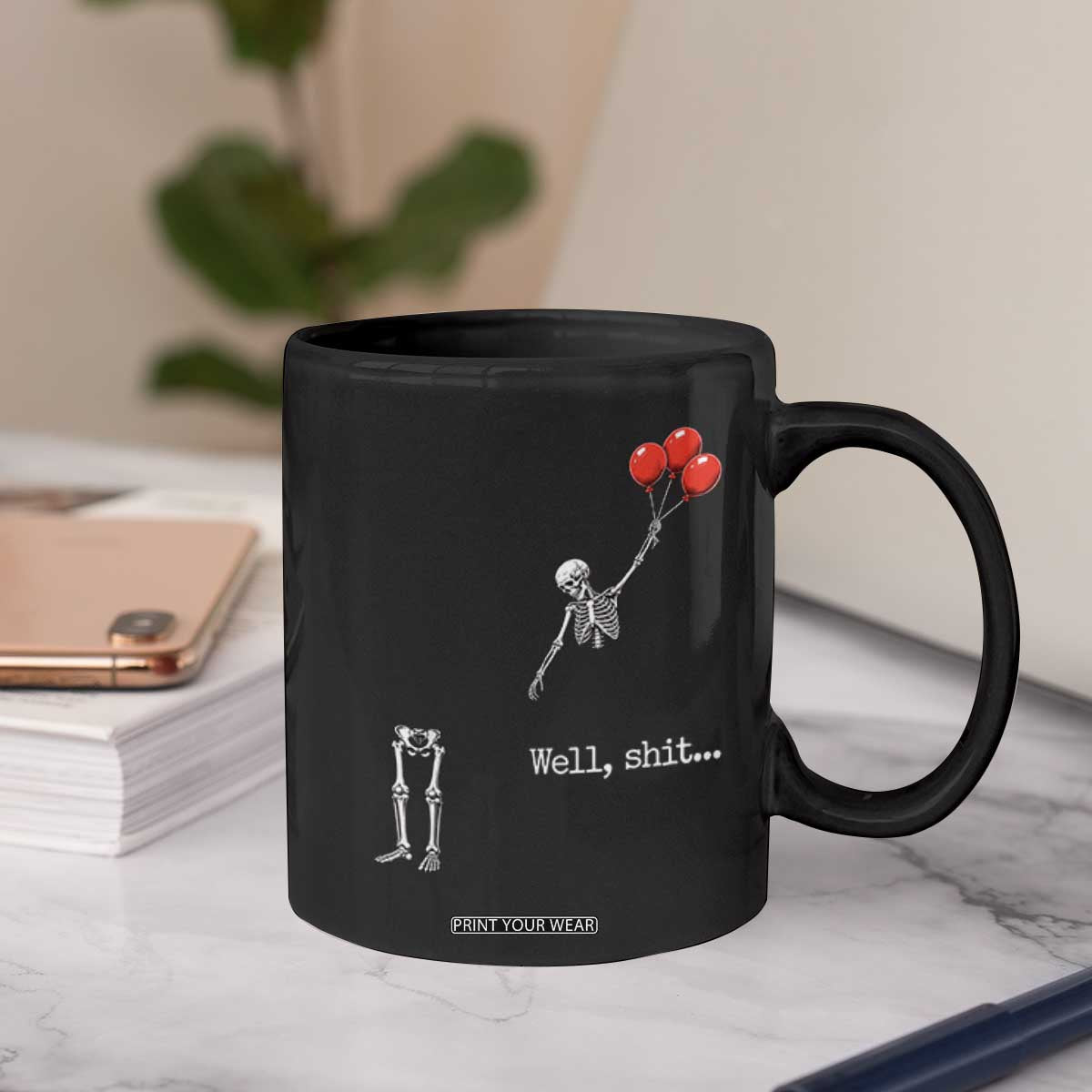 Well Shit Floating Skeleton Red Balloons Coffee Mug Funny Dark Humor Halloween Gift