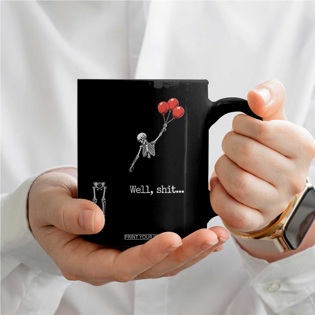 Well Shit Floating Skeleton Red Balloons Coffee Mug Funny Dark Humor Halloween Gift