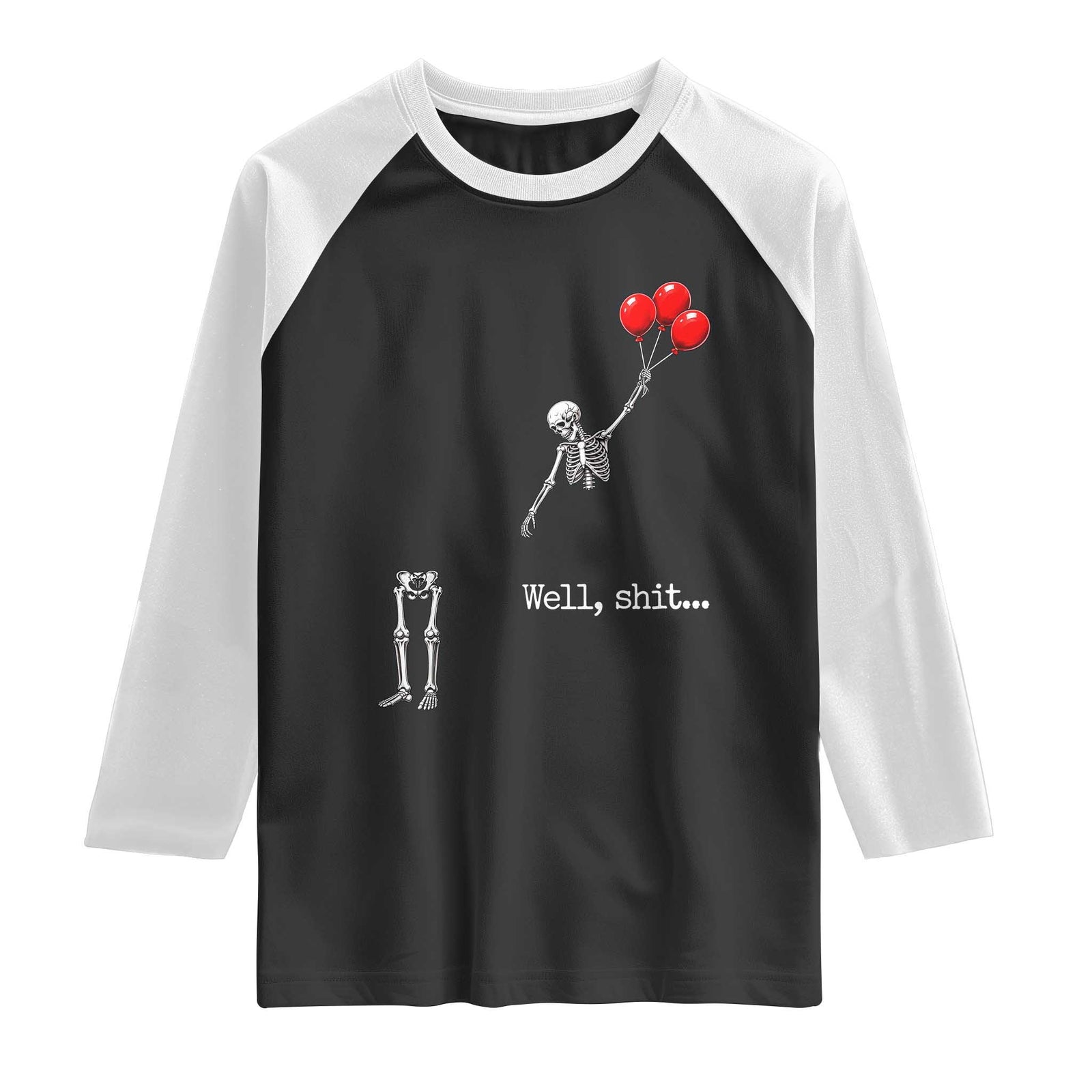 Well Shit Floating Skeleton Red Balloons Raglan Shirt Funny Dark Humor Halloween Gift
