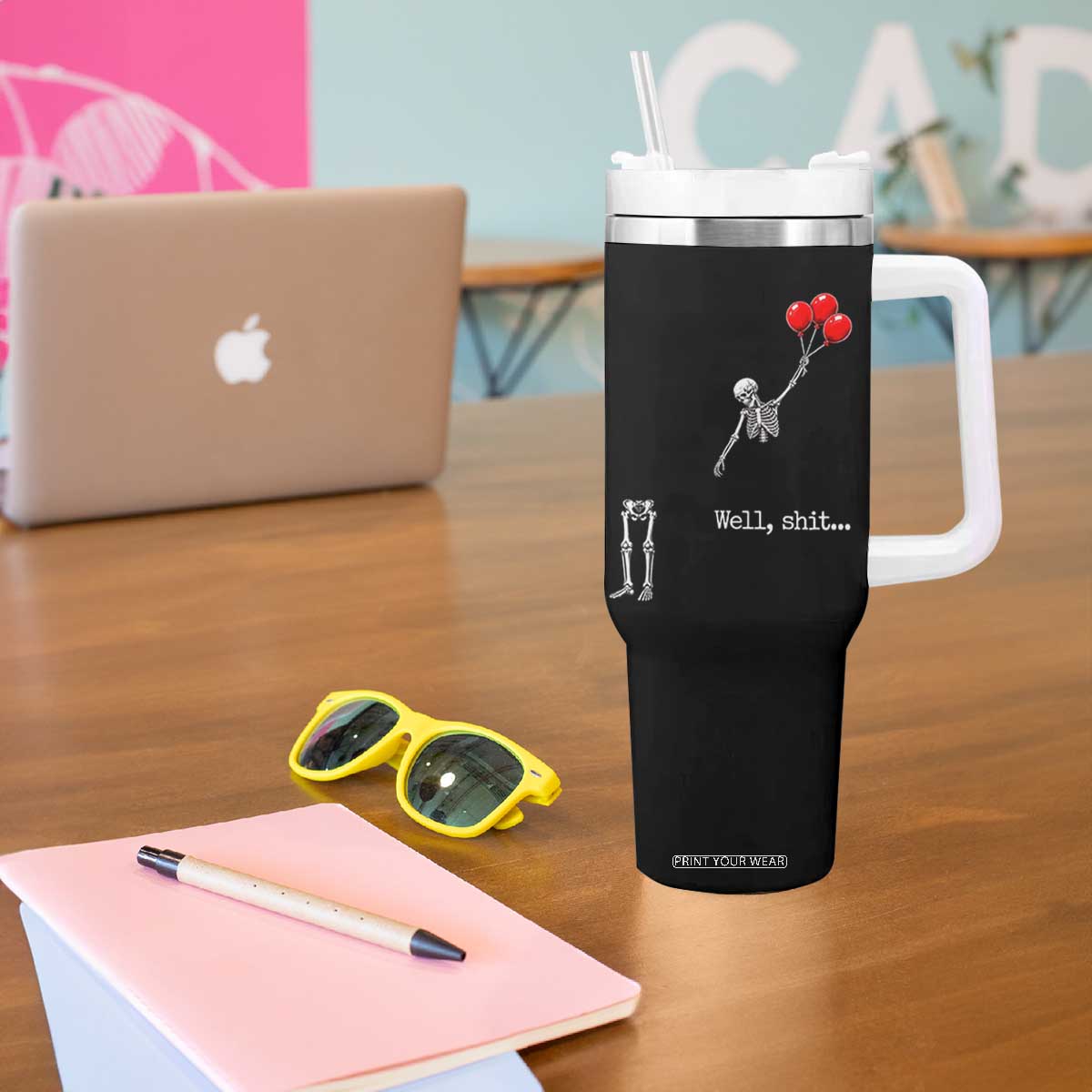Well Shit Floating Skeleton Red Balloons Tumbler With Handle Funny Dark Humor Halloween Gift