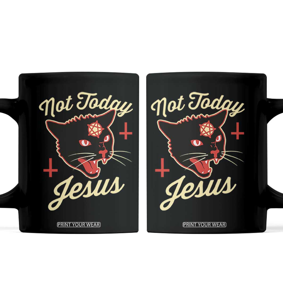 Not Today Jesus Black Cat Pentagram Inverted Cross Coffee Mug Funny Occult Goth Graphic