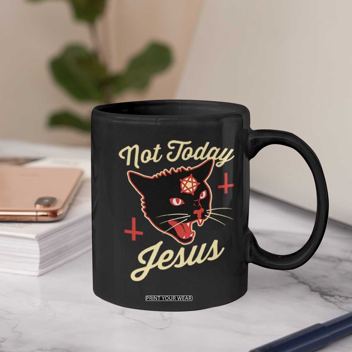 Not Today Jesus Black Cat Pentagram Inverted Cross Coffee Mug Funny Occult Goth Graphic