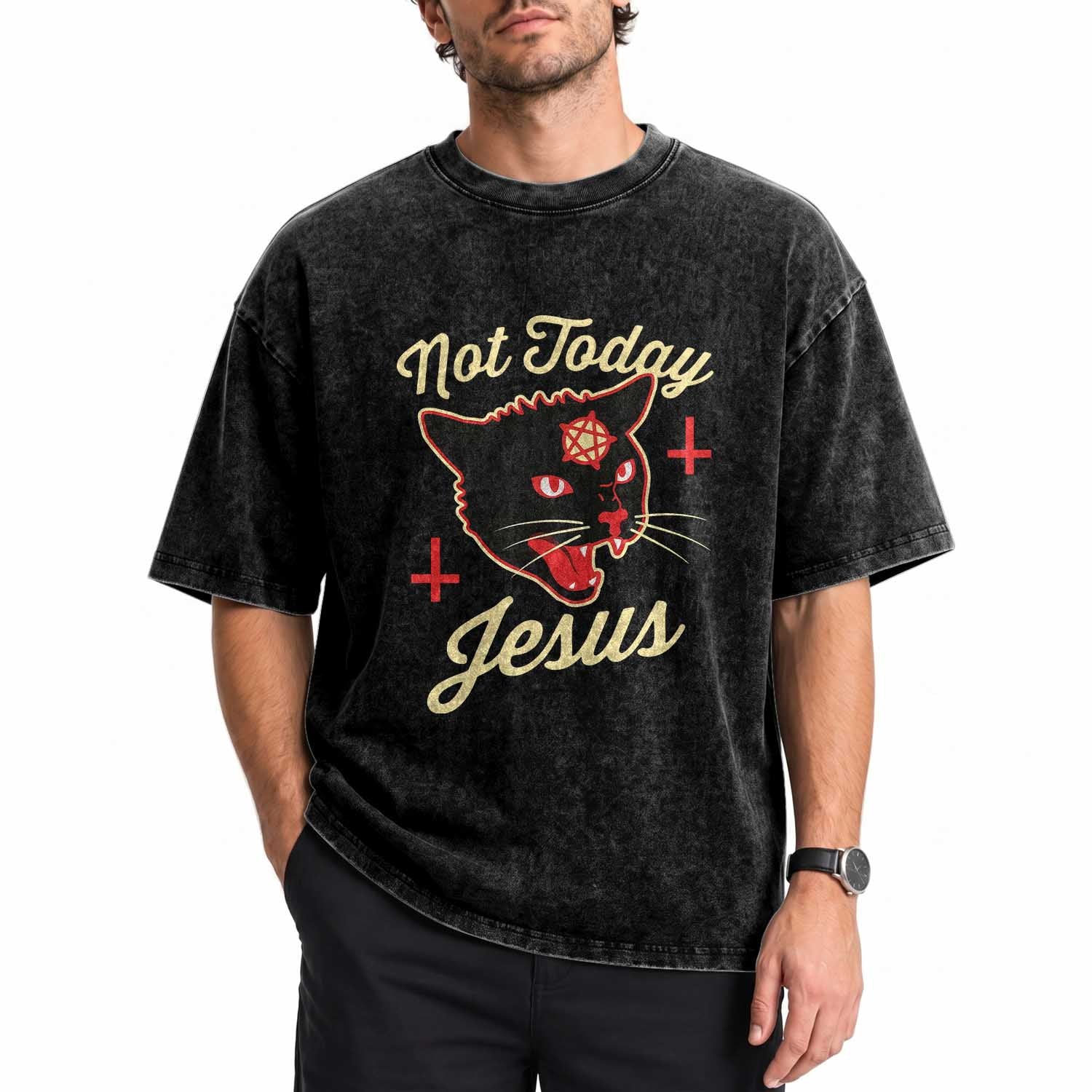 Not Today Jesus Black Cat Pentagram Inverted Cross Washed Cotton T-Shirt Funny Occult Goth Graphic