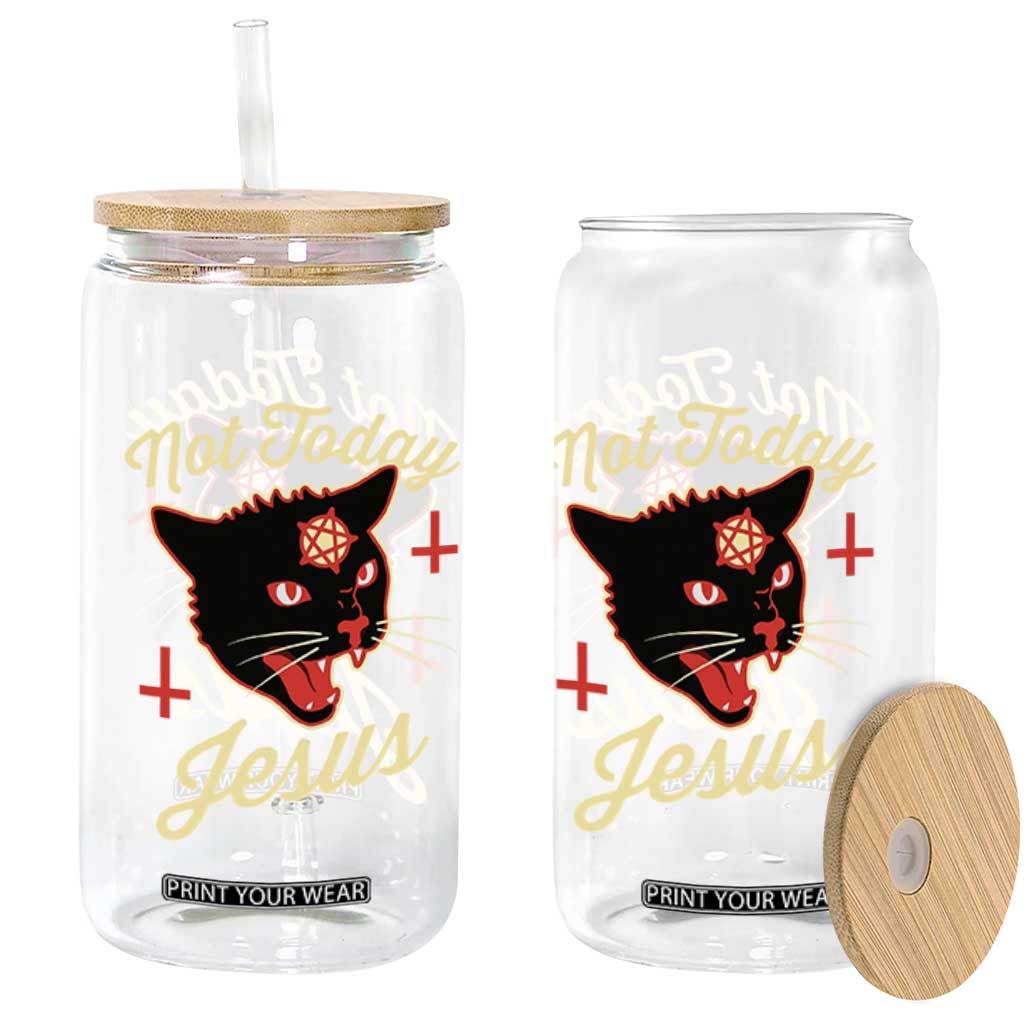 Not Today Jesus Black Cat Pentagram Inverted Cross Glass Can Funny Occult Goth Graphic