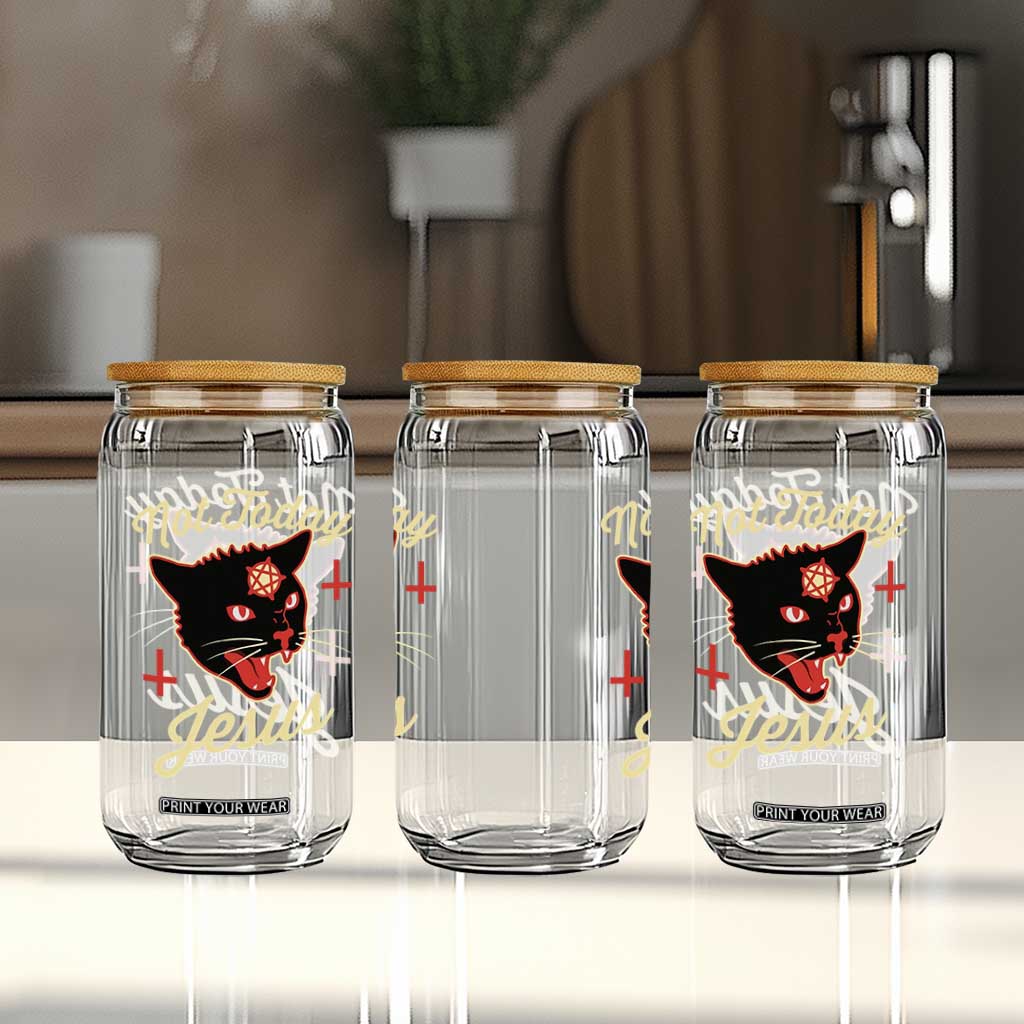 Not Today Jesus Black Cat Pentagram Inverted Cross Glass Can Funny Occult Goth Graphic