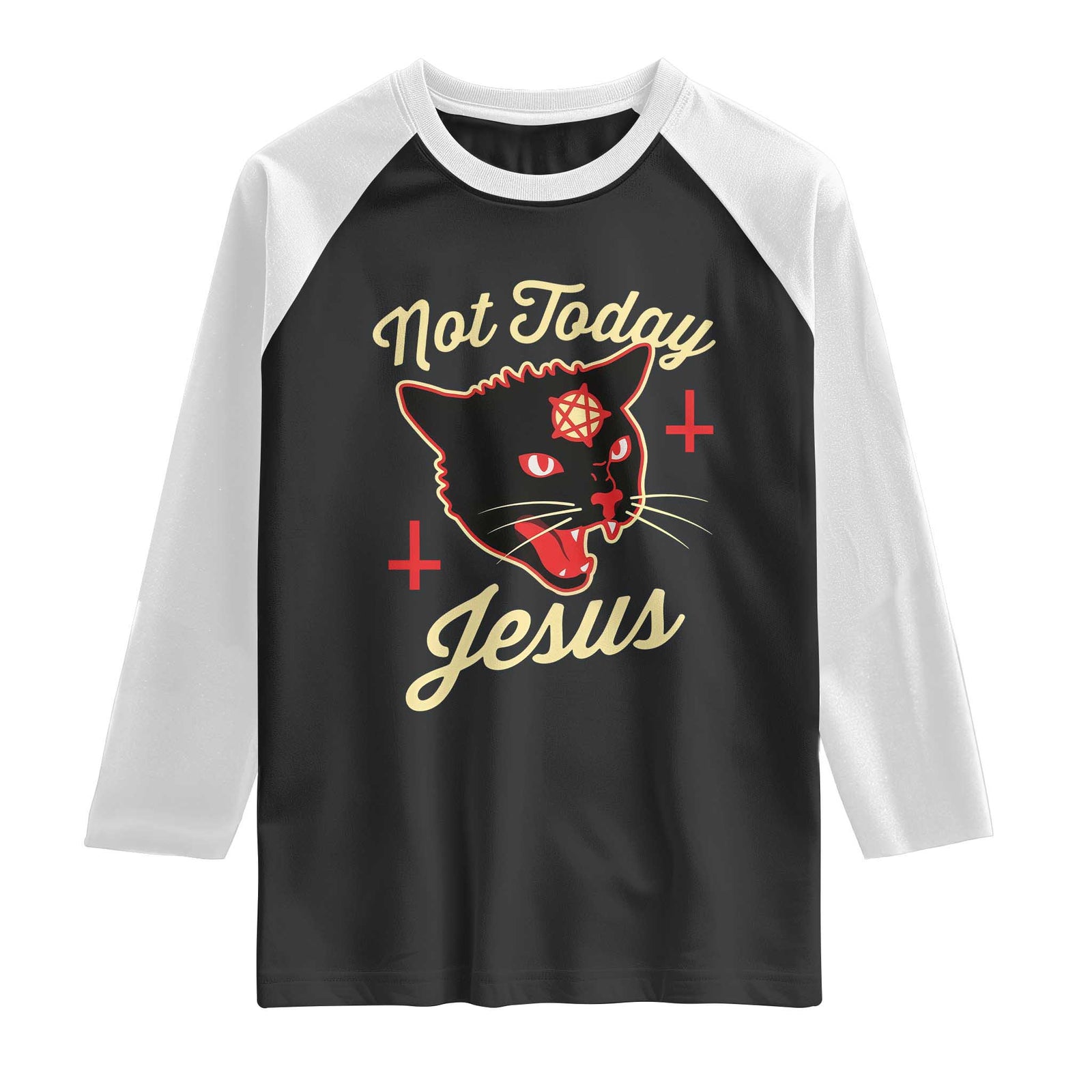 Not Today Jesus Black Cat Pentagram Inverted Cross Raglan Shirt Funny Occult Goth Graphic