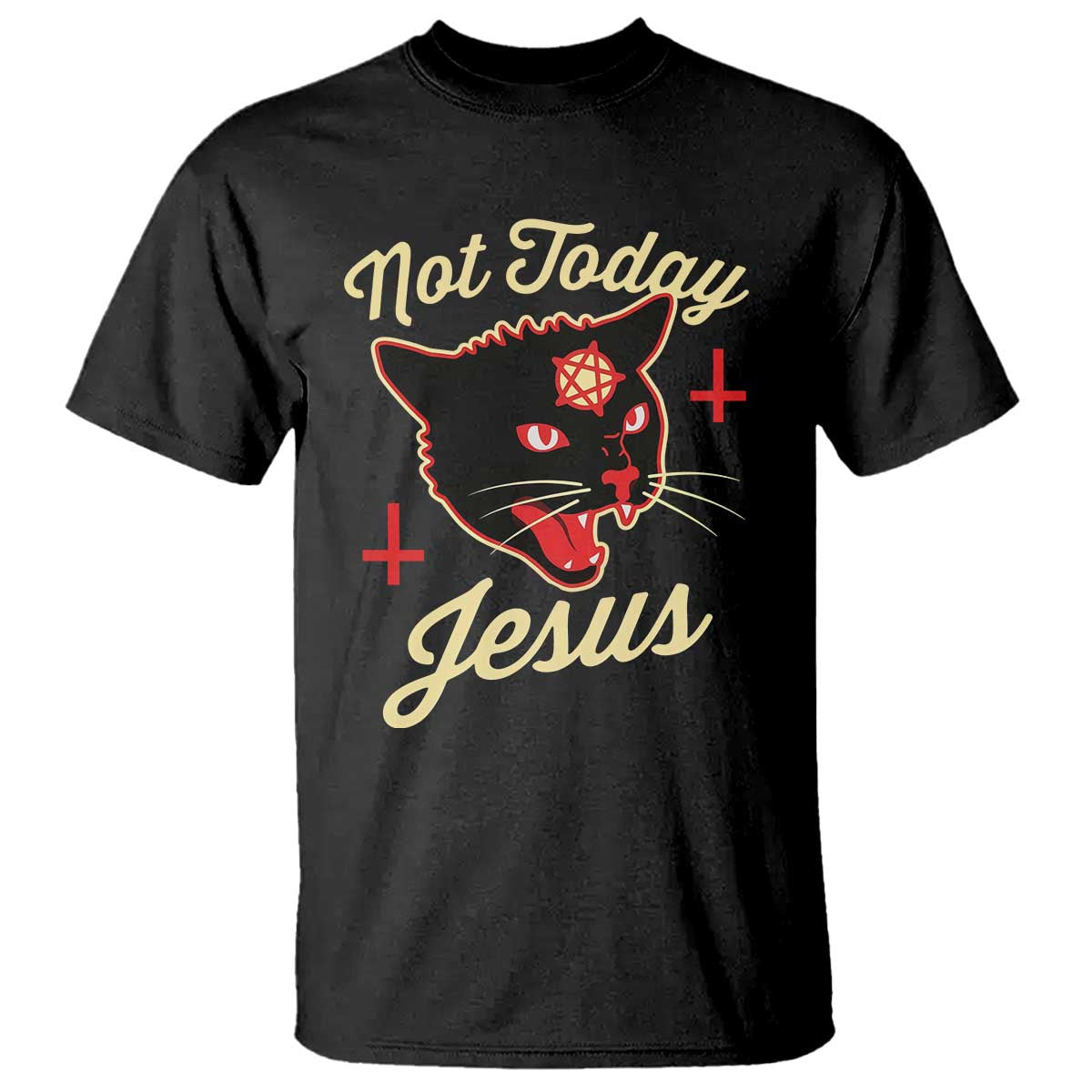 Not Today Jesus Black Cat Pentagram Inverted Cross T Shirt Funny Occult Goth Graphic