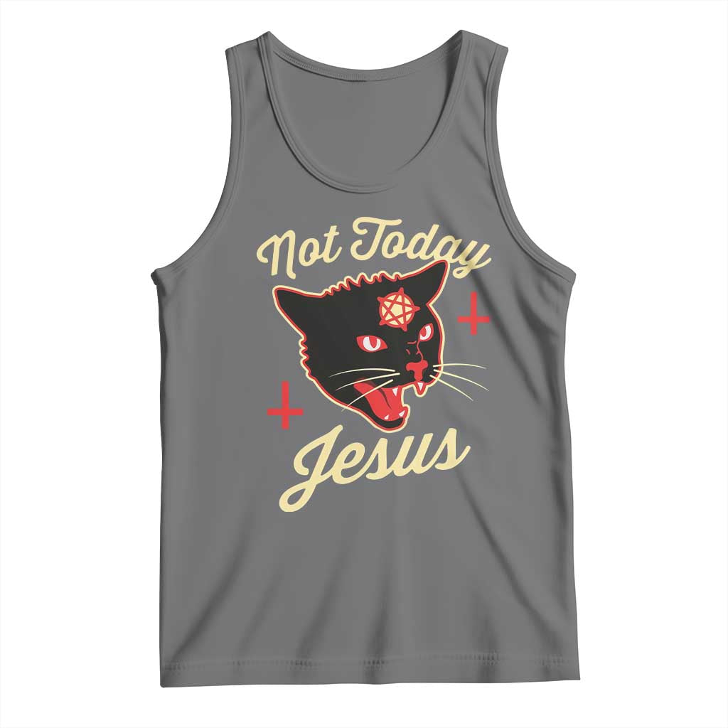 Not Today Jesus Black Cat Pentagram Inverted Cross Tank Top Funny Occult Goth Graphic