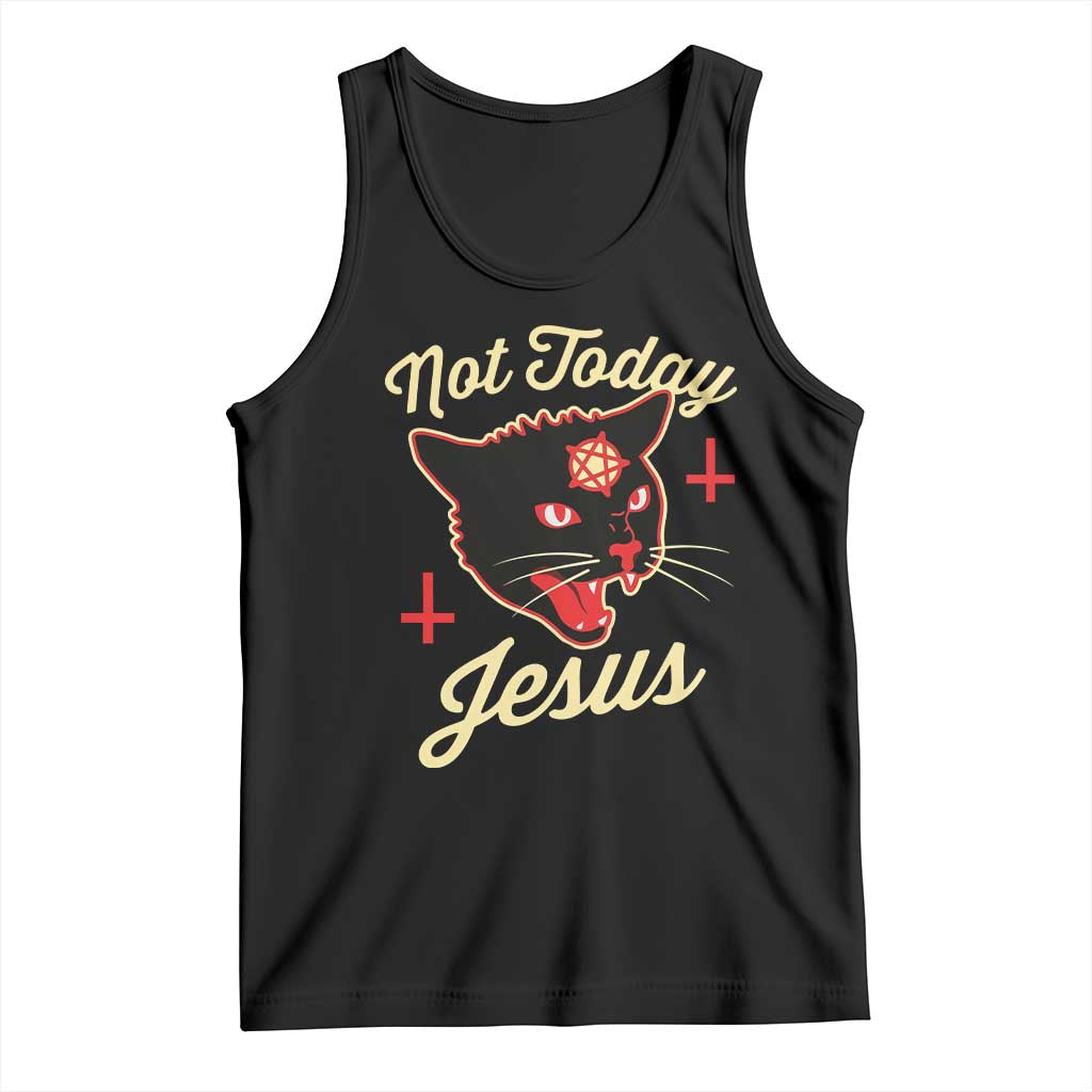Not Today Jesus Black Cat Pentagram Inverted Cross Tank Top Funny Occult Goth Graphic