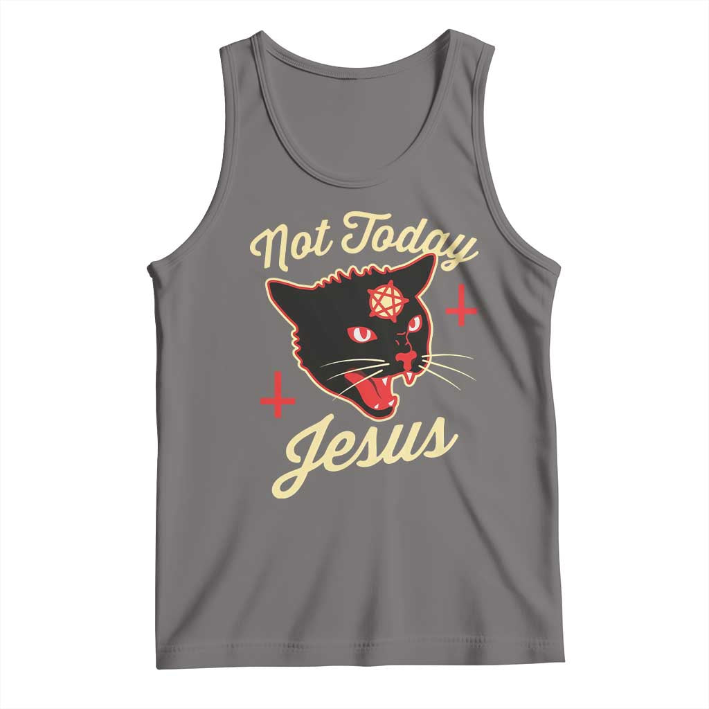 Not Today Jesus Black Cat Pentagram Inverted Cross Tank Top Funny Occult Goth Graphic
