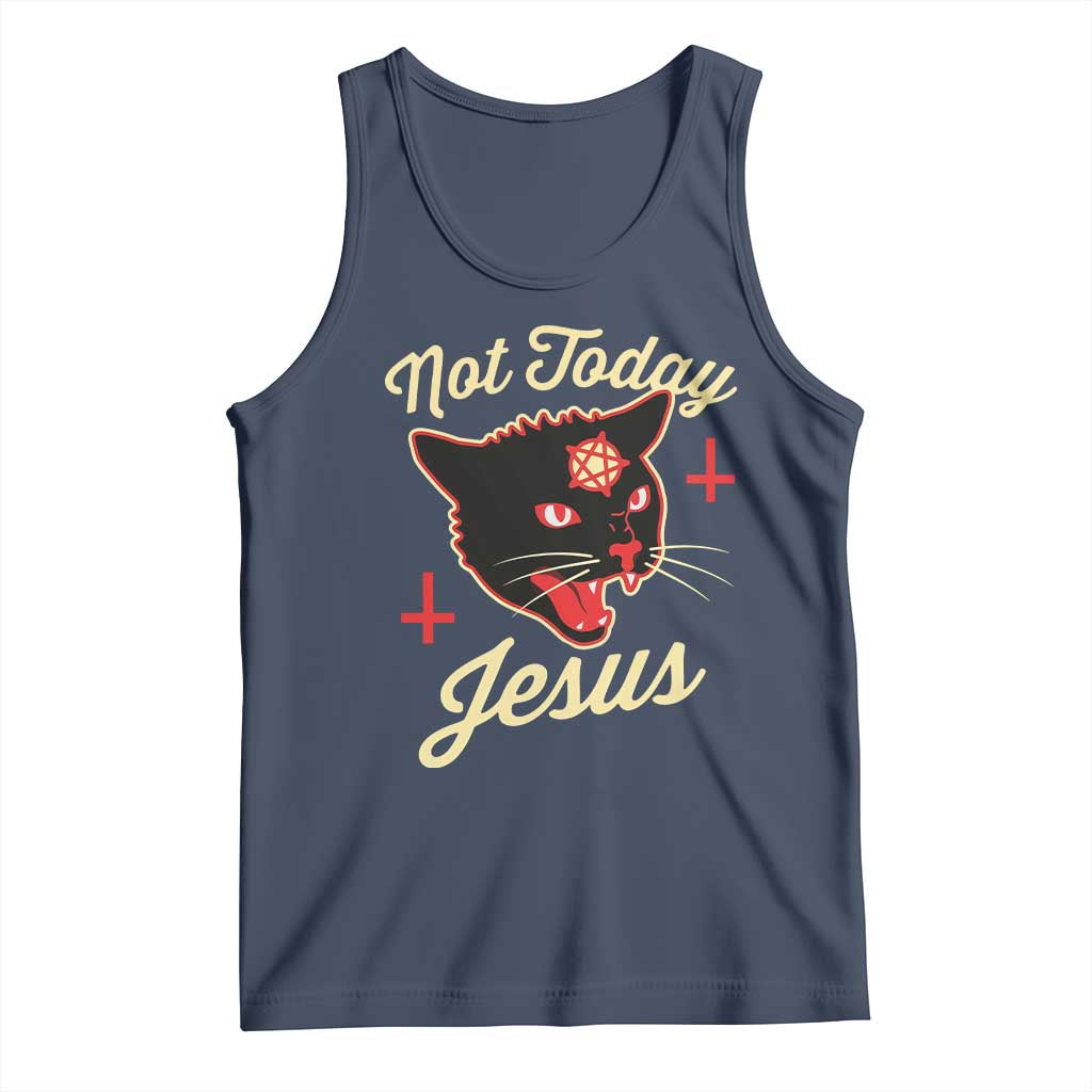 Not Today Jesus Black Cat Pentagram Inverted Cross Tank Top Funny Occult Goth Graphic