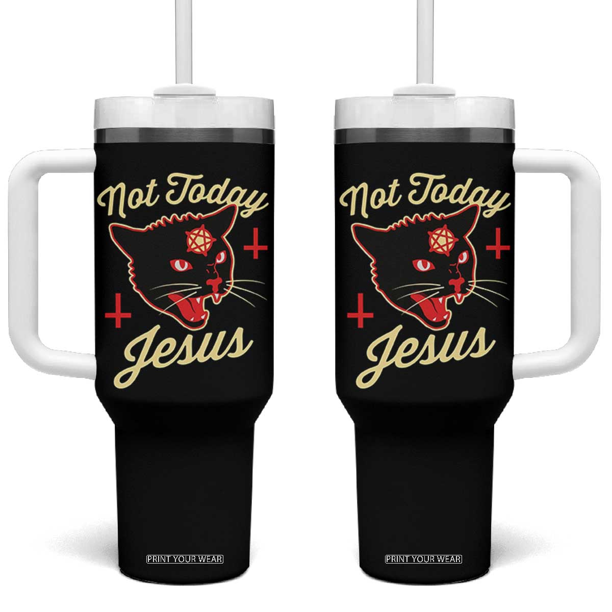 Not Today Jesus Black Cat Pentagram Inverted Cross Tumbler With Handle Funny Occult Goth Graphic