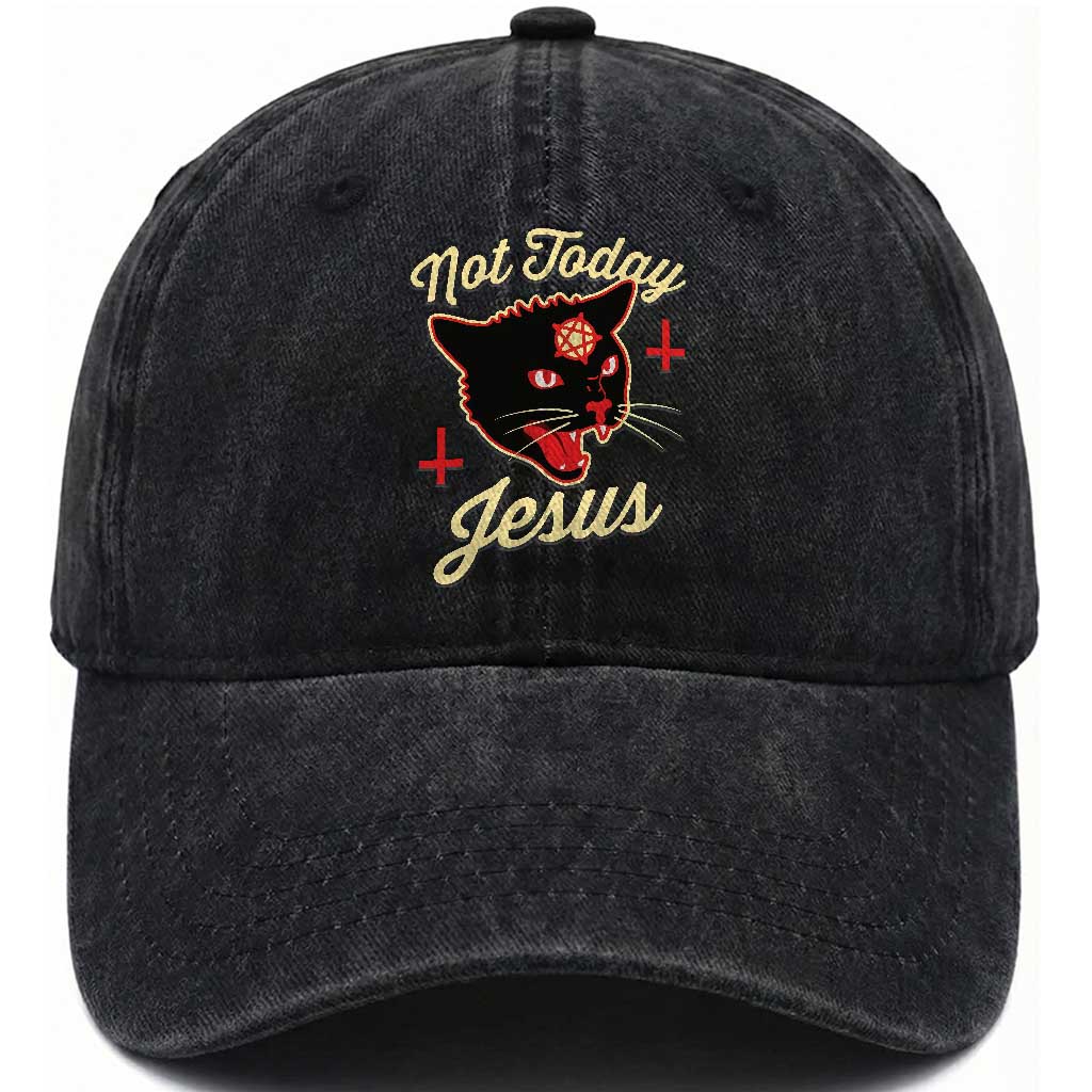 Not Today Jesus Black Cat Pentagram Inverted Cross Washed Cotton Baseball Cap Funny Occult Goth Graphic