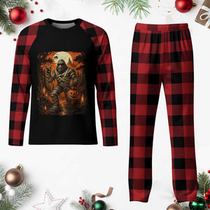 Funny Mummy Bigfoot Rock On Pumpkin Bucket Halloween Plaid Pajama Set