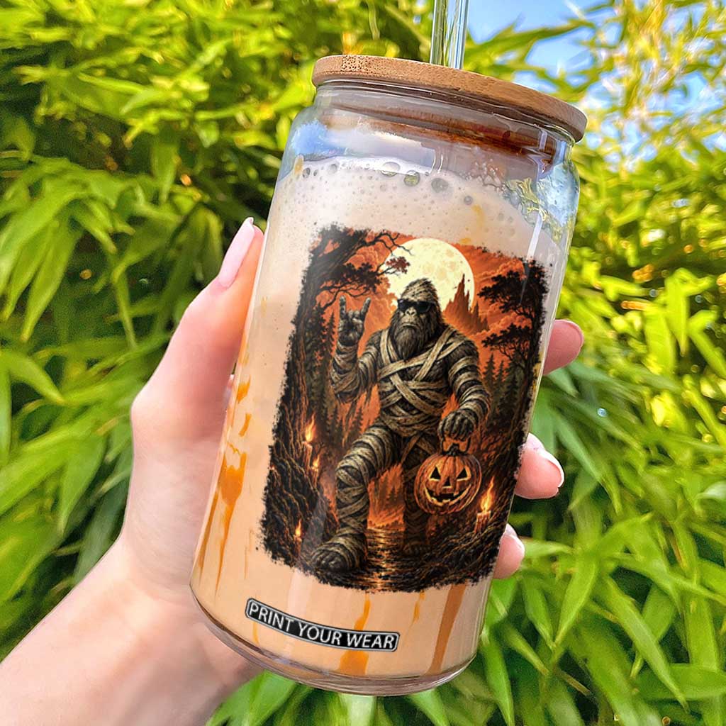 Funny Mummy Bigfoot Rock On Pumpkin Bucket Halloween Glass Can