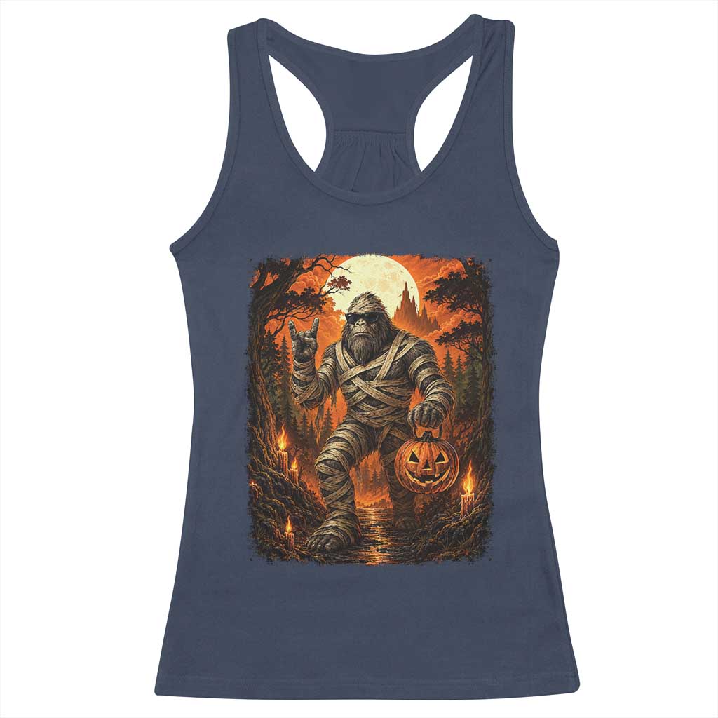 Funny Mummy Bigfoot Rock On Pumpkin Bucket Halloween Racerback Tank Top