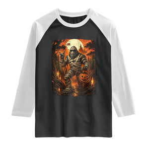 Funny Mummy Bigfoot Rock On Pumpkin Bucket Halloween Raglan Shirt