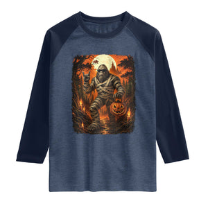 Funny Mummy Bigfoot Rock On Pumpkin Bucket Halloween Raglan Shirt