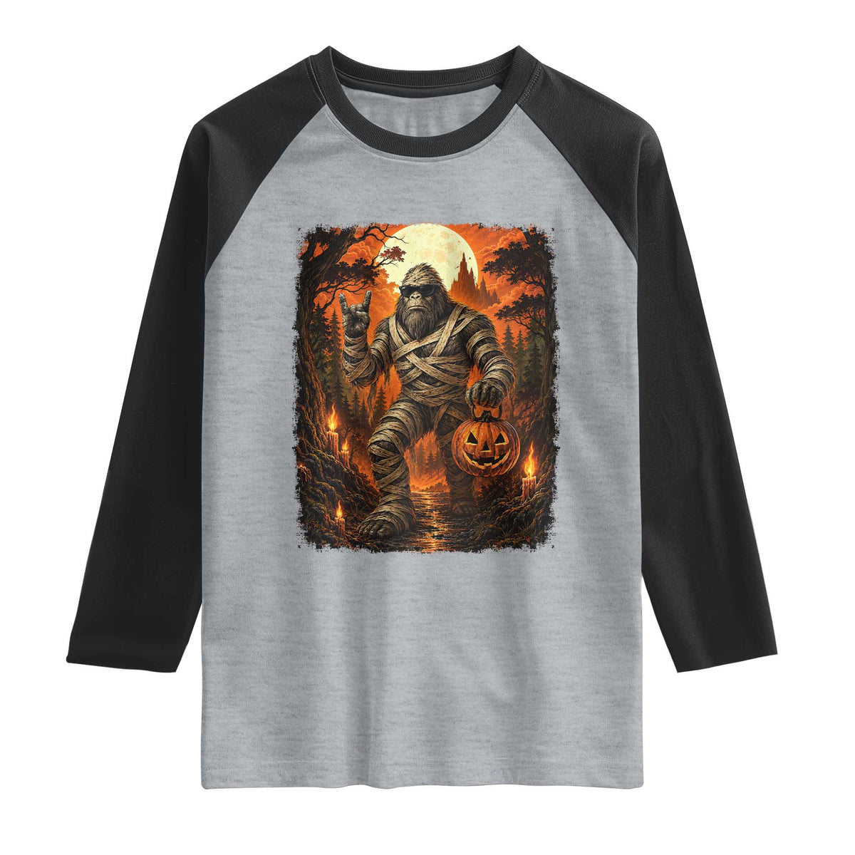 Funny Mummy Bigfoot Rock On Pumpkin Bucket Halloween Raglan Shirt