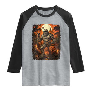 Funny Mummy Bigfoot Rock On Pumpkin Bucket Halloween Raglan Shirt