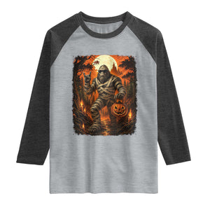 Funny Mummy Bigfoot Rock On Pumpkin Bucket Halloween Raglan Shirt