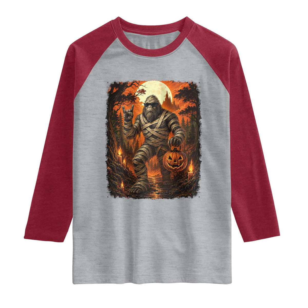 Funny Mummy Bigfoot Rock On Pumpkin Bucket Halloween Raglan Shirt