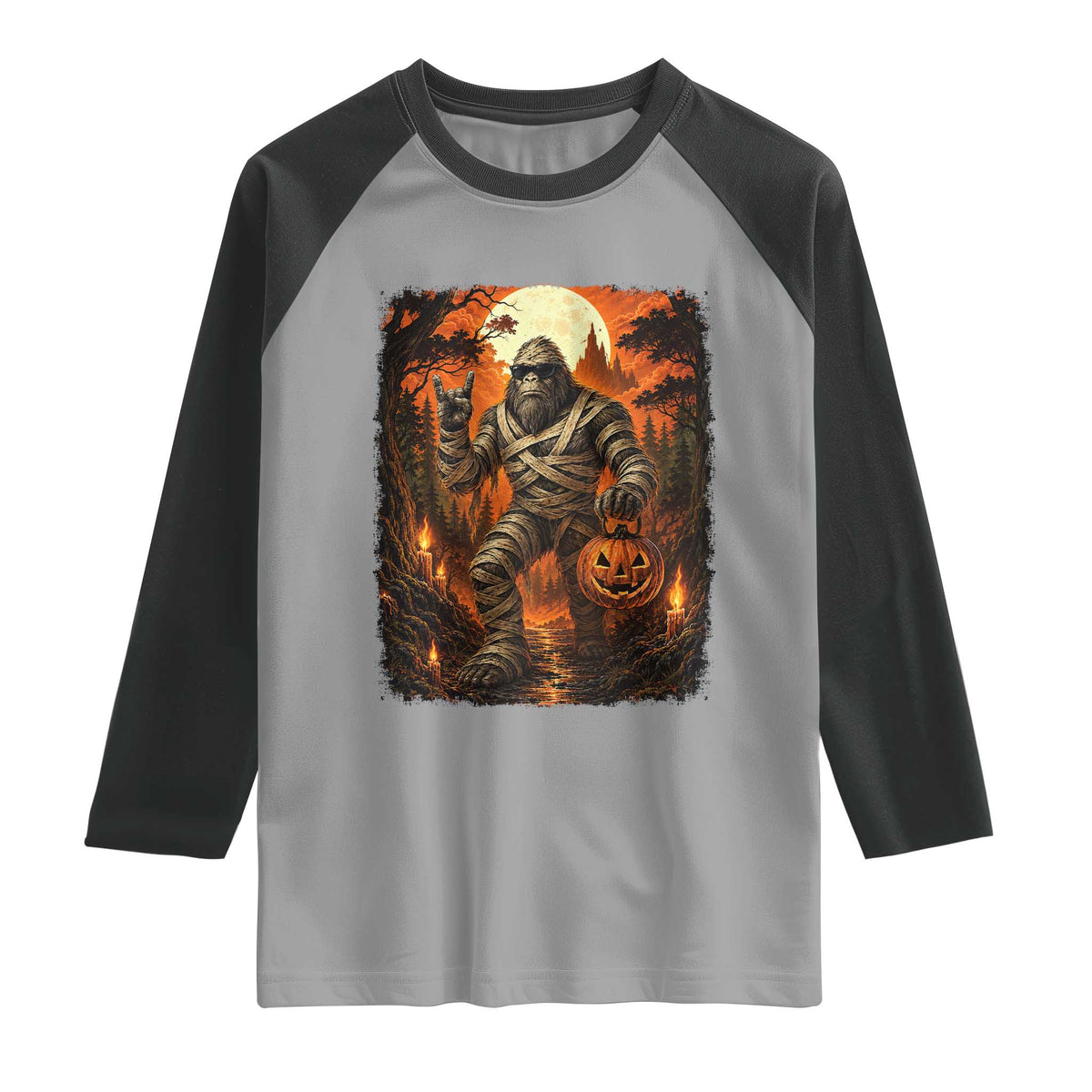 Funny Mummy Bigfoot Rock On Pumpkin Bucket Halloween Raglan Shirt