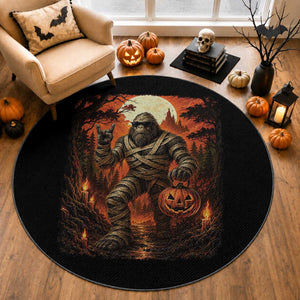 Funny Mummy Bigfoot Rock On Pumpkin Bucket Halloween Round Rug