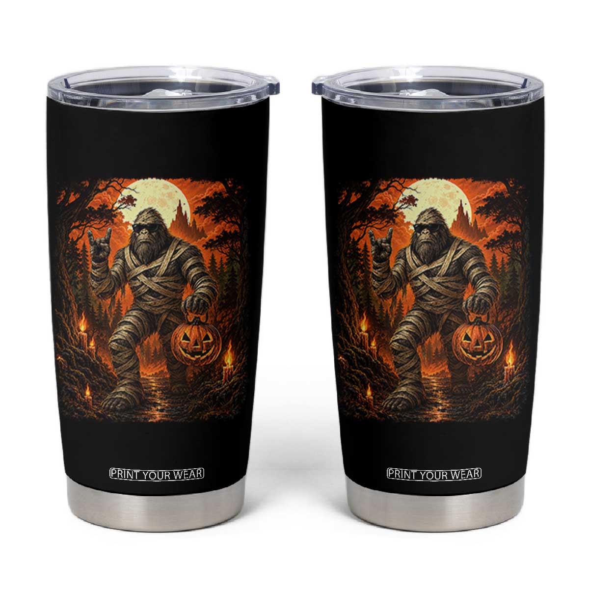 Funny Mummy Bigfoot Rock On Pumpkin Bucket Halloween Tumbler Cup