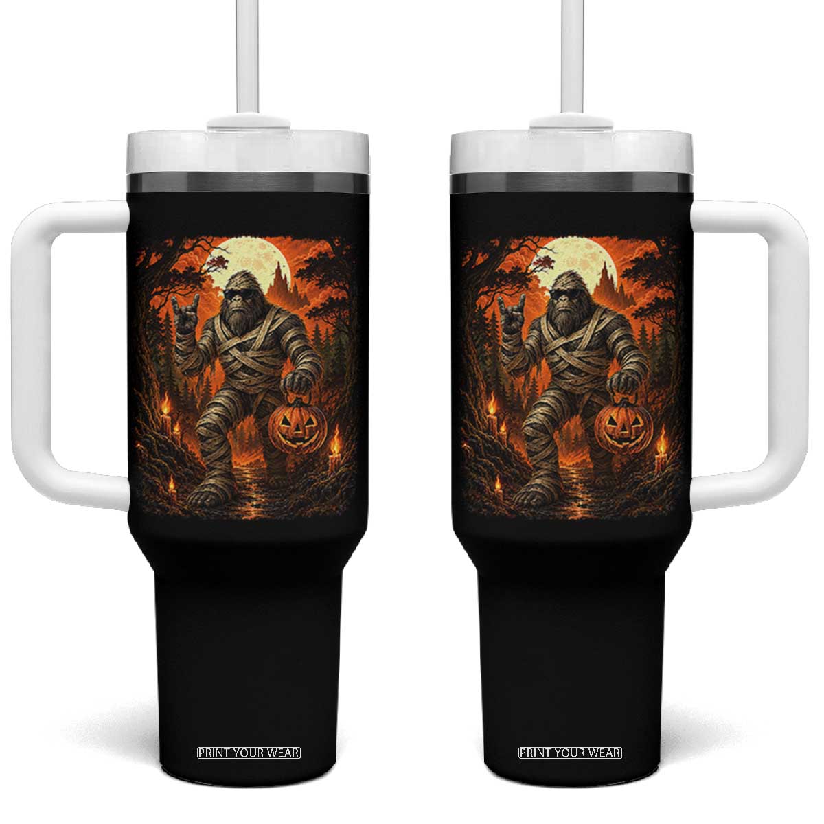 Funny Mummy Bigfoot Rock On Pumpkin Bucket Halloween Tumbler With Handle