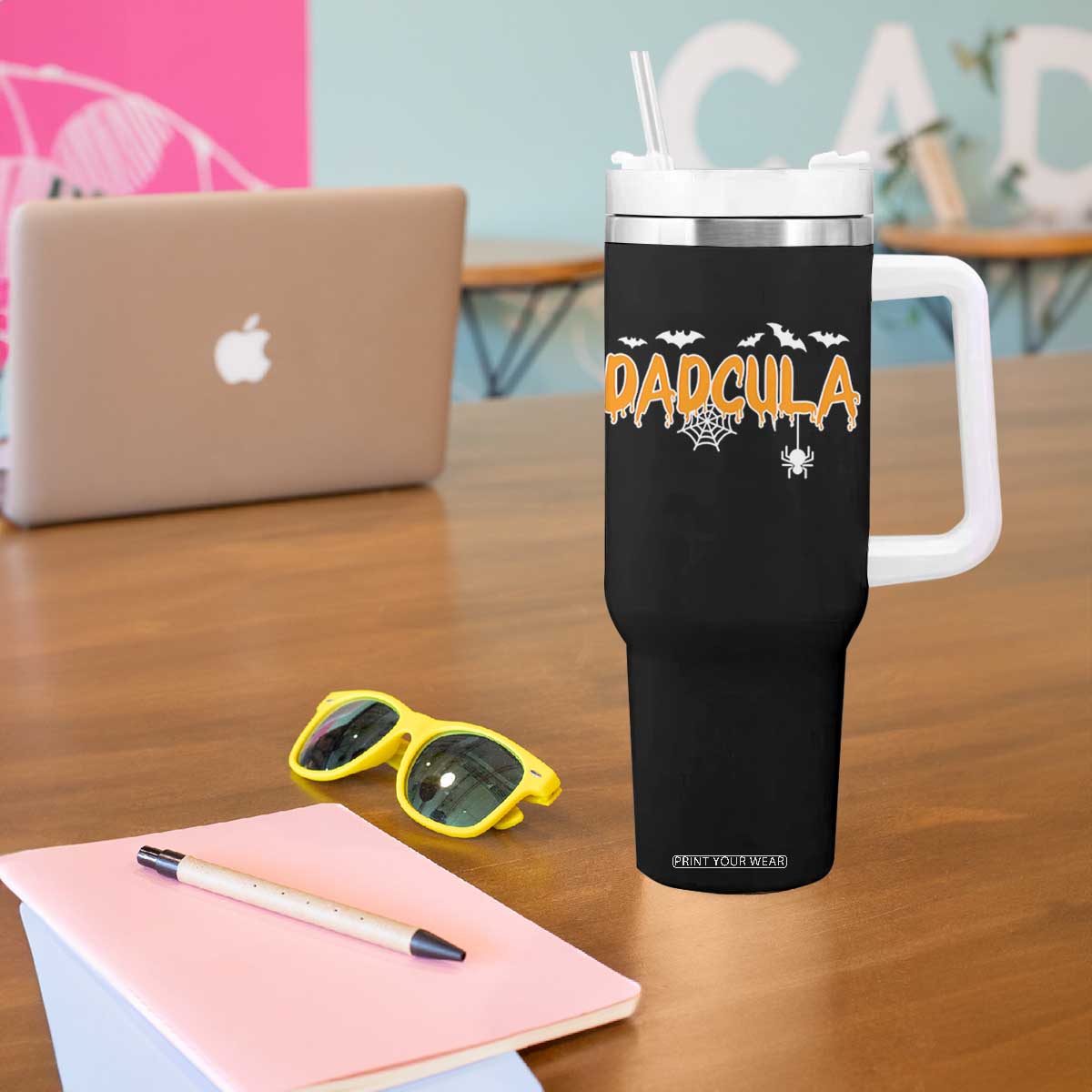 Dadcula Funny Vampire Dad Tumbler With Handle Spiderweb Spooky Halloween