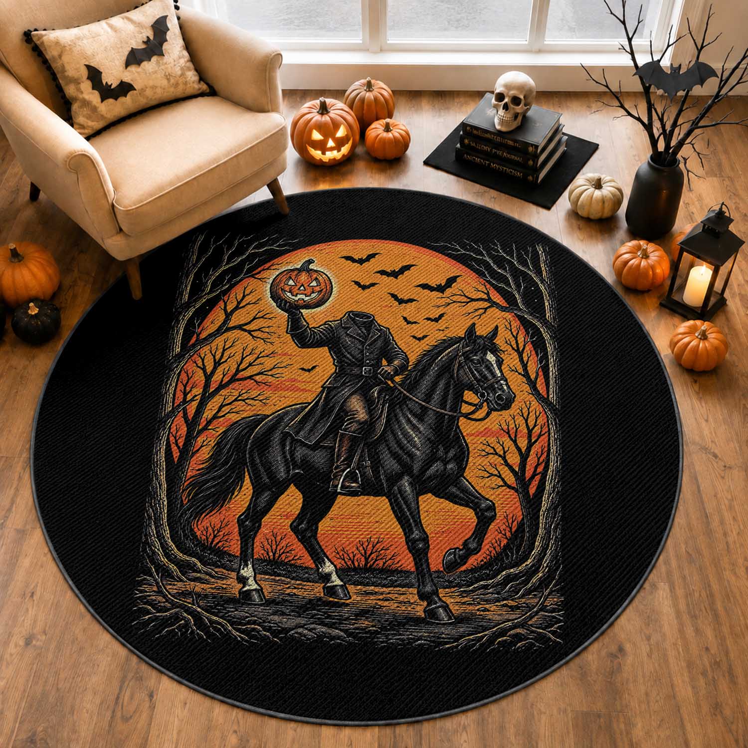 Headless Horseman Legend Vintage Halloween Round Rug